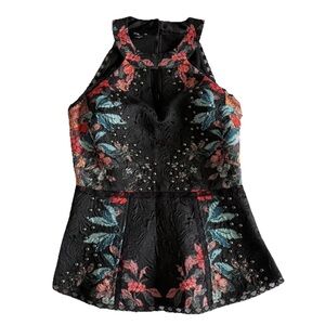 Bebe Top Womens Medium Black Floral Jacquard Studded Halter Tank Peplum Cocktail
